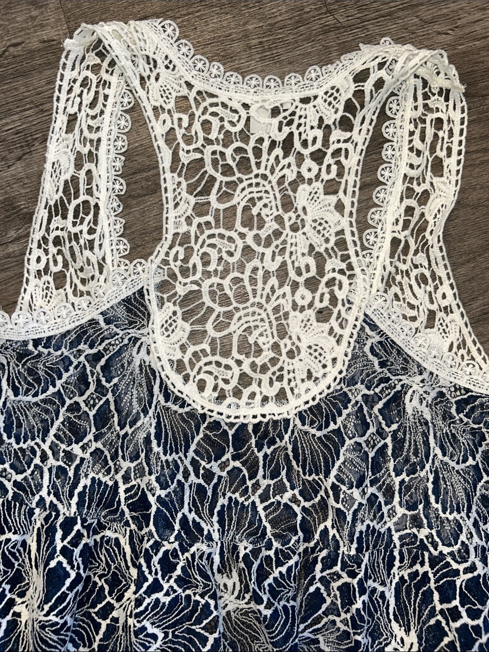 Lace Crochet Overlay Tank Dress Navy Cream Boho Festival Mini Medium - Picture 8 of 10
